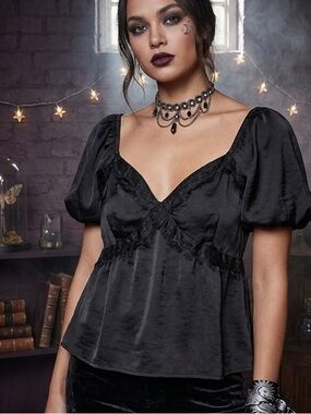 AND NOW THIS Black Silky Lace Inset Puff Sleeve Top Romantic Goth Dark Academia